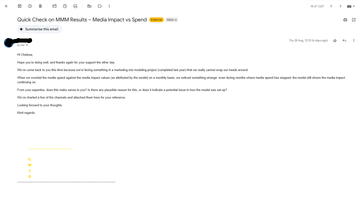 Not long ago, a potential client contacted us after noticing a strange pattern in their MMM outputs: the model kept attributing sales impact to ads for several months after spend had ended. Their previous provider had developed the MMM using Google LightweightMMM, but when it came time to plan their new media strategy, the abnormal results raised doubts. They approached us for a fresh perspective and an impartial audit, looking for clarity and trustworthy guidance Not long ago, a potential client contacted us after noticing a strange pattern in their MMM outputs: the model kept attributing sales impact to ads for several months after spend had ended. Their previous provider had developed the MMM using Google LightweightMMM, but when it came time to plan their new media strategy, the abnormal results raised doubts. They approached us for a fresh perspective and an impartial audit, looking for clarity and trustworthy guidance