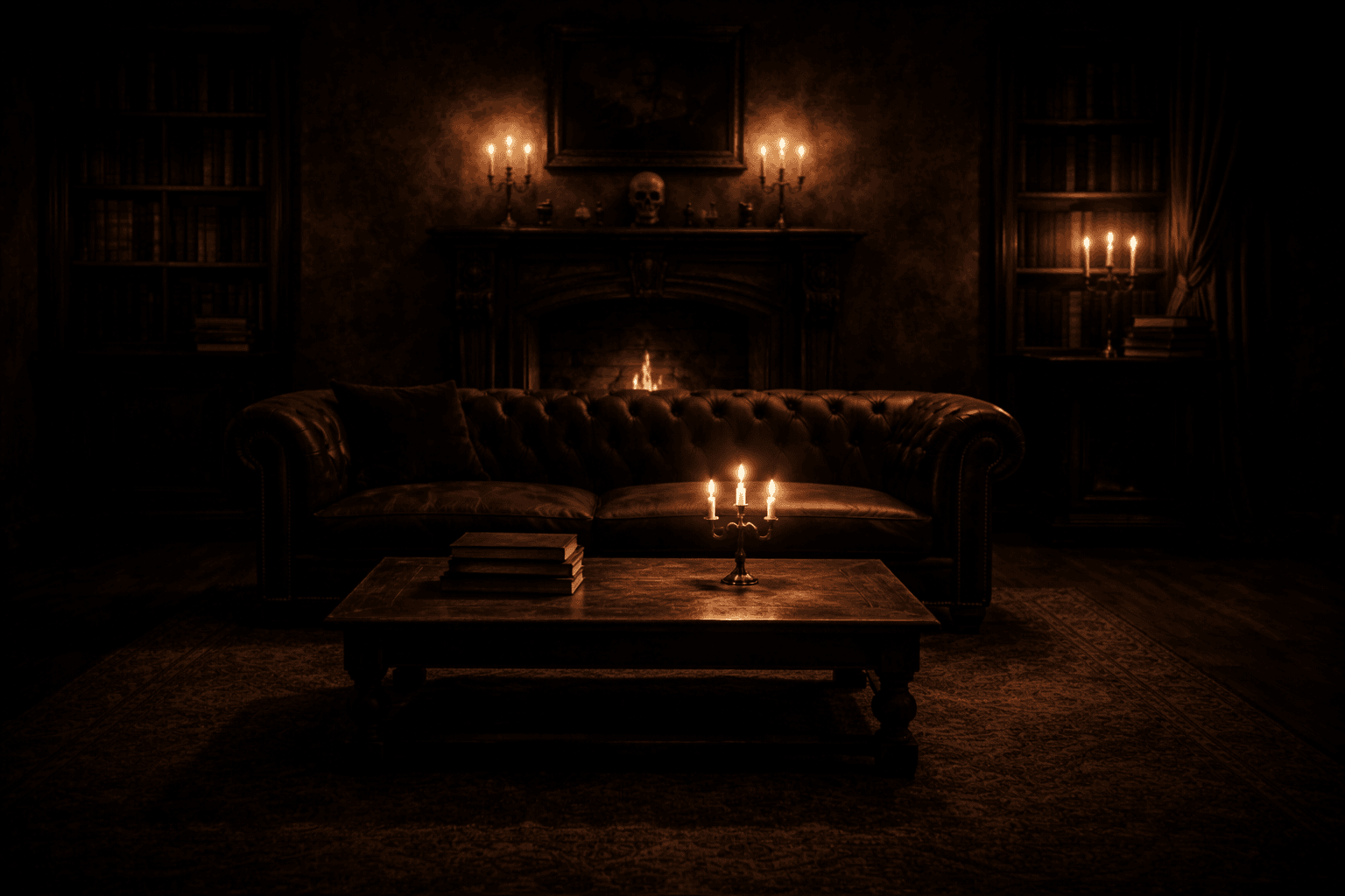 gothic living room with negative space, candlelight, and deep shadows