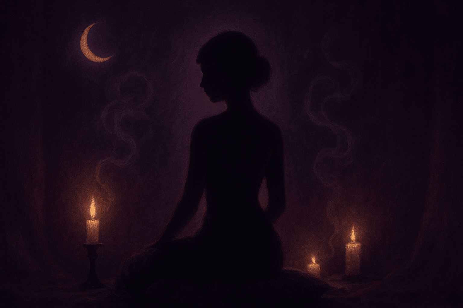 Altar místico con cojín de terciopelo, velas encendidas, humo ritual y luna creciente sobre fondo púrpura encaje. Imagen femenina y encantadora. Altar místico con cojín de terciopelo, velas encendidas, humo ritual y luna creciente sobre fondo púrpura encaje. Imagen femenina y encantadora.