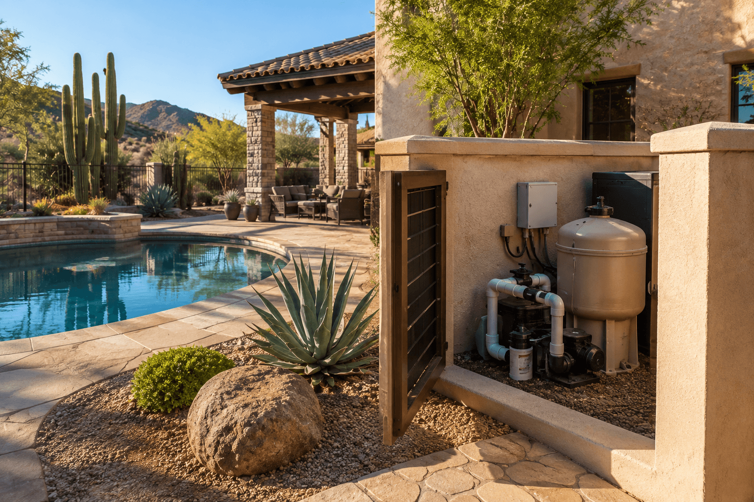 Clean, debris-free pool equipment enclosure beside a luxury North Phoenix backyard pool, illustrating how keeping cool, shaded equipment areas clear can help reduce potential rattlesnake hiding places. Clean, debris-free pool equipment enclosure beside a luxury North Phoenix backyard pool, illustrating how keeping cool, shaded equipment areas clear can help reduce potential rattlesnake hiding places.