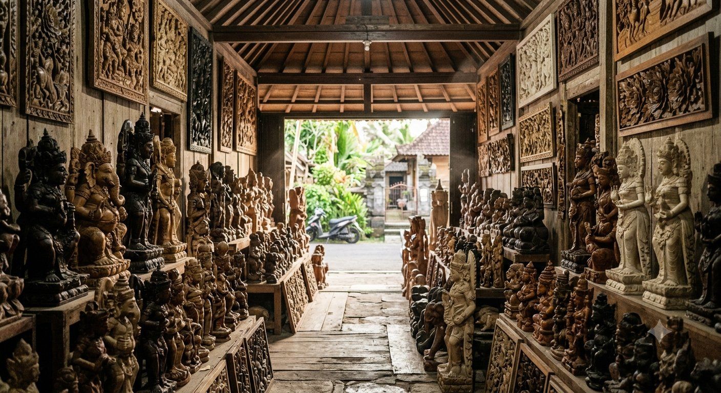 The interior of a Balinese woodcarving gallery in Mas village, rows of hand-carved wooden statues, figures, and relief panels lining both walls of a narrow open-air storefront, daylight streaming in from the street entrance. The interior of a Balinese woodcarving gallery in Mas village, rows of hand-carved wooden statues, figures, and relief panels lining both walls of a narrow open-air storefront, daylight streaming in from the street entrance.