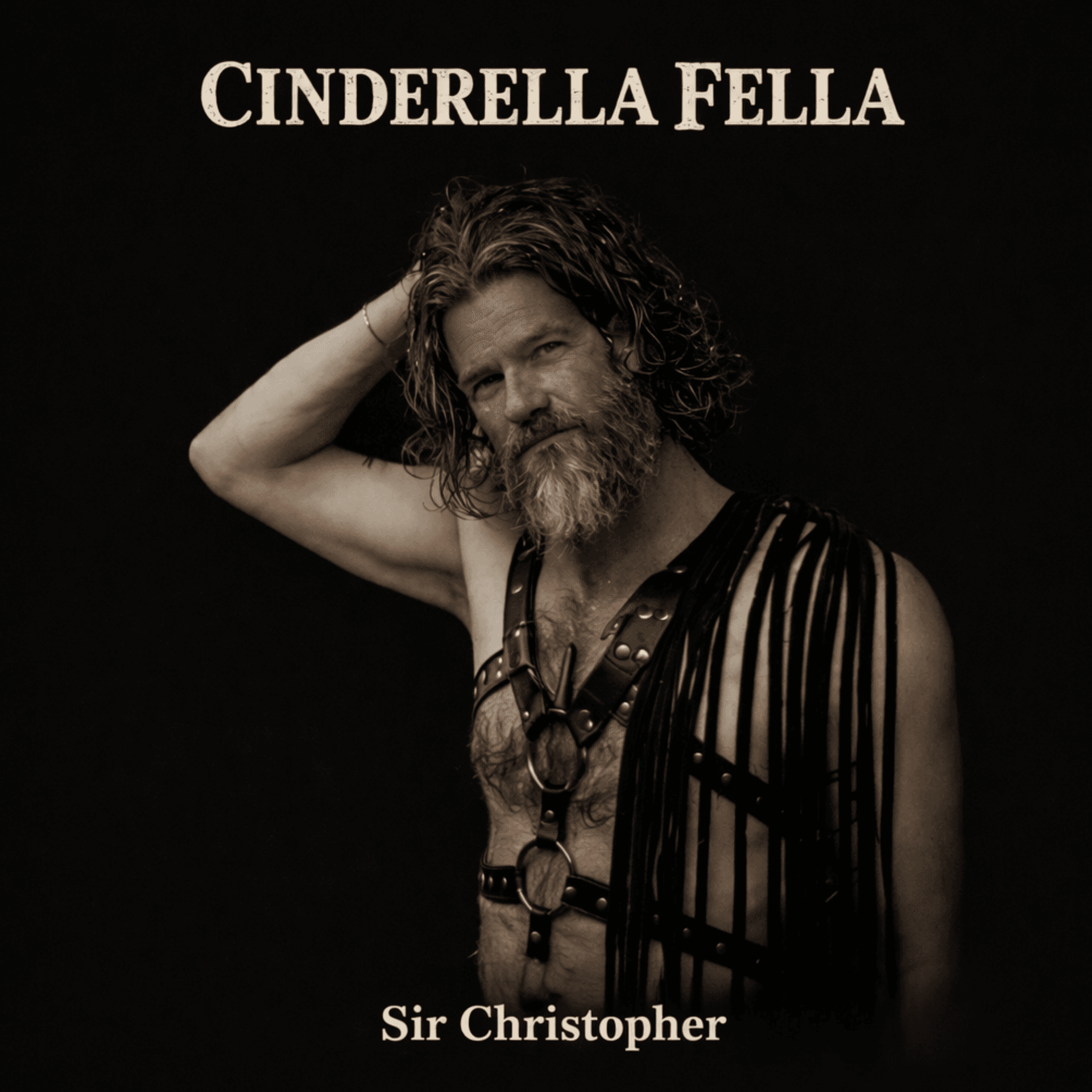 Album Cover Art featuring Sir Christopher in leather harness extending his hand forward against a dark background, symbolizing connection and guidance.