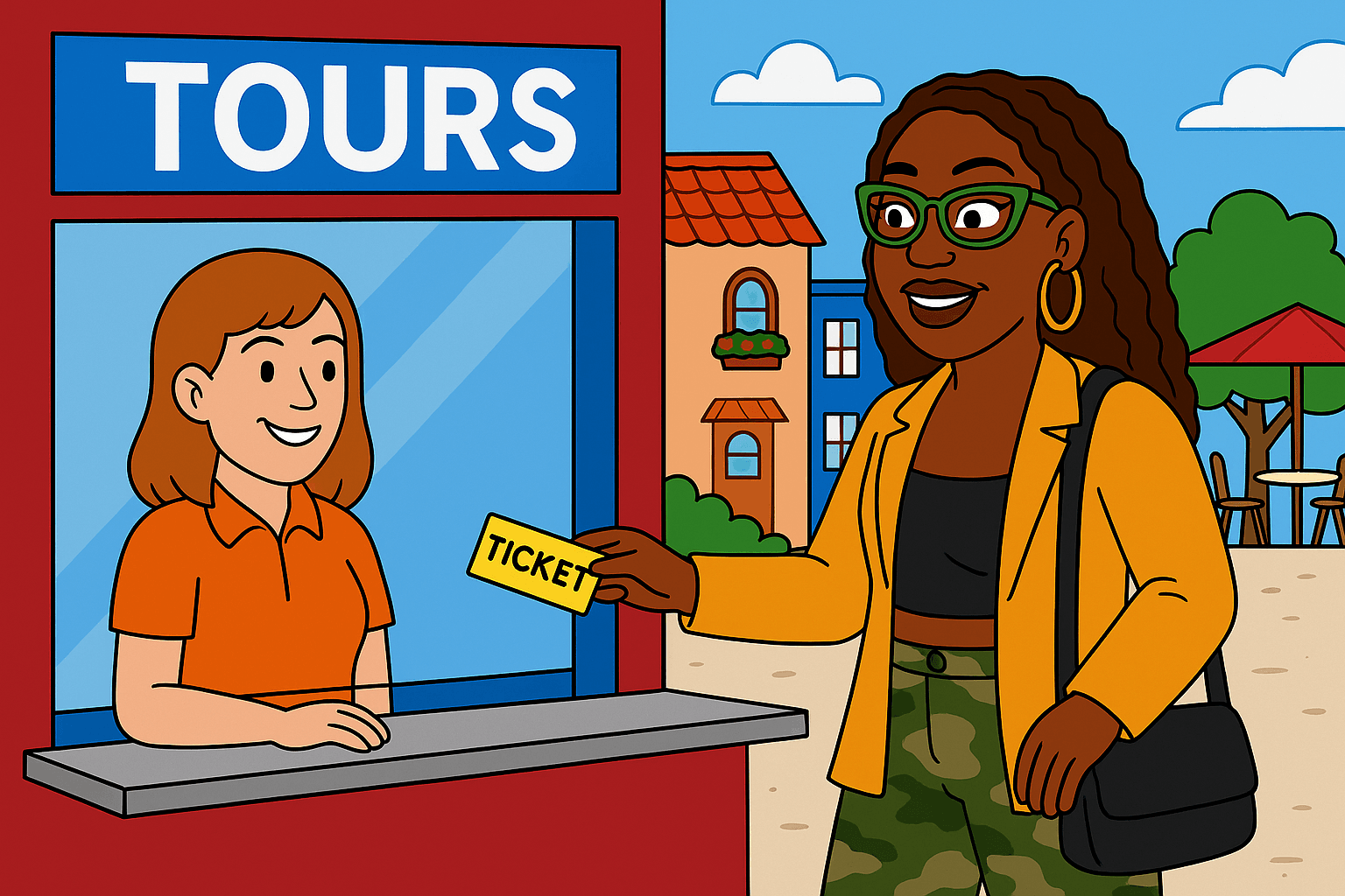 Black woman at a tour booth purchasing a ticket for a spontaneous solo adventure