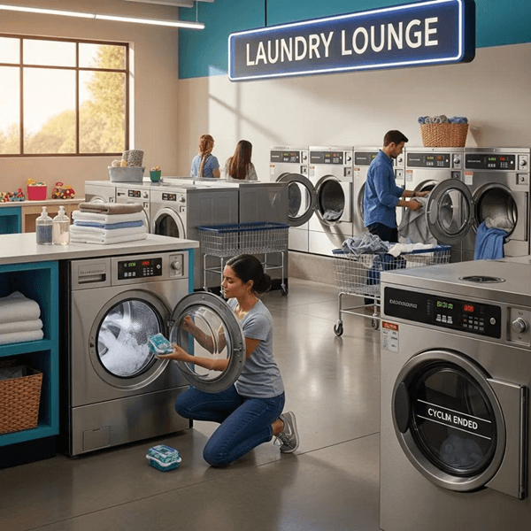 Variety of self-service laundry machines including large-capacity washers and dryers