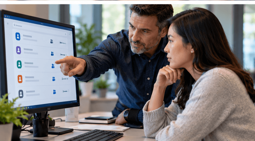 Two colleagues reviewing shared business application access on a computer. Two colleagues reviewing shared business application access on a computer.