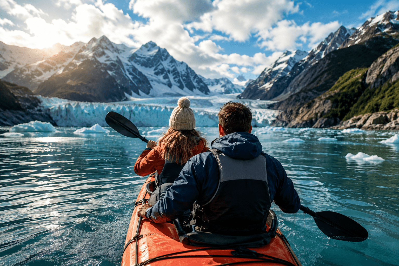 A couple kayaks through the icy blue waters of an Alaska fjord toward a towering glacier, surrounded by snow-capped mountains under a bright blue sky, capturing the spirit of adventure, connection, and unforgettable shared experiences. A couple kayaks through the icy blue waters of an Alaska fjord toward a towering glacier, surrounded by snow-capped mountains under a bright blue sky, capturing the spirit of adventure, connection, and unforgettable shared experiences.