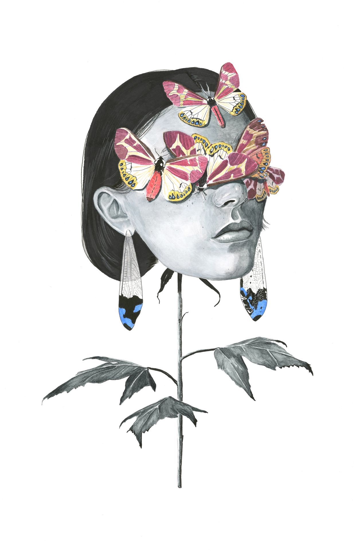 Watercolor and mixed media flowerfly figure by Jane the Stranger — female head as flower bloom, pink and rust butterflies covering eyes, dragonfly wing earrings, botanical stem and leaves
