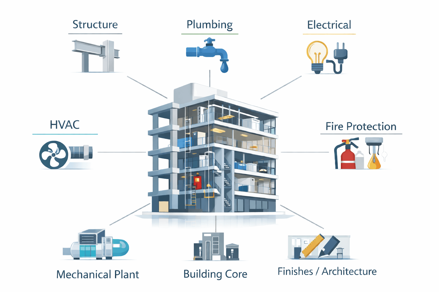 “Minimal professional infographic showing a building as interconnected systems: Structure, Plumbing, Electrical, HVAC, Fire Protection, Finishes/Architecture. Use clean arrows showing interdependence, modern engineering style