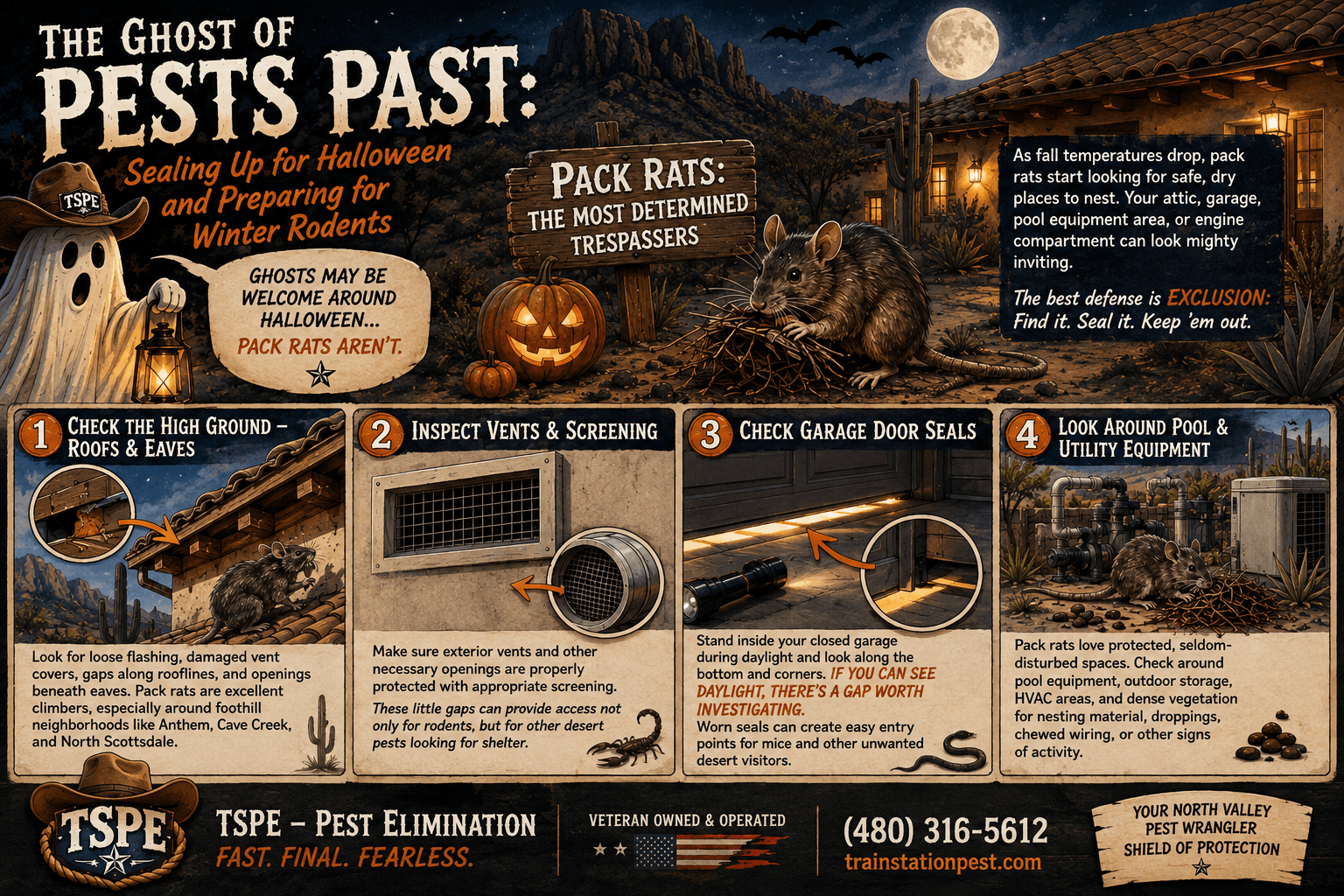 Halloween-themed TSPE storyboard showing a North Phoenix desert home, pack rat, roof and eave gaps, screened vents, garage door seals, and pool equipment, illustrating ways homeowners can seal entry points before winter rodents move in.