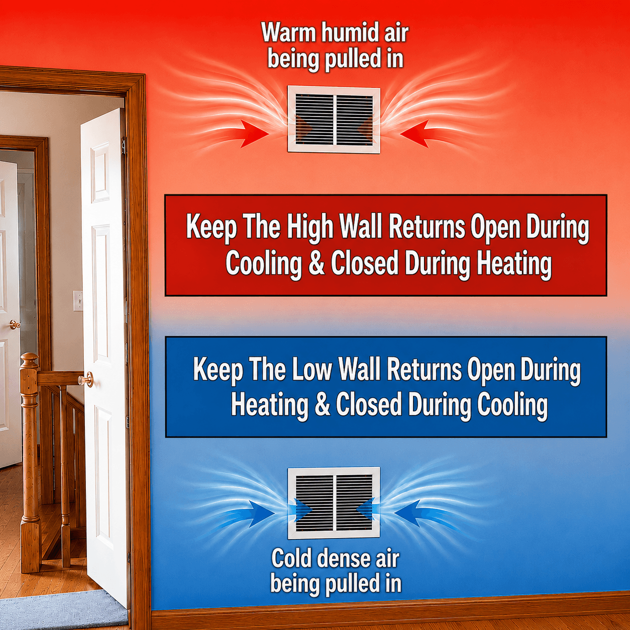 Lehigh Valley HVAC airflow guide showing proper seasonal use of high and low wall return vents for improved heating, cooling, comfort, and air circulation. Lehigh Valley HVAC airflow guide showing proper seasonal use of high and low wall return vents for improved heating, cooling, comfort, and air circulation.