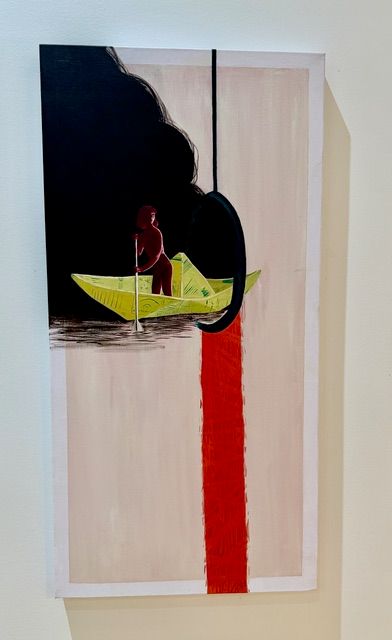 Surrealist gouache painting on canvas by Jane the Stranger — figure in yellow paper boat beneath dark storm cloud with swing, red vertical stripe, 36x18 inches