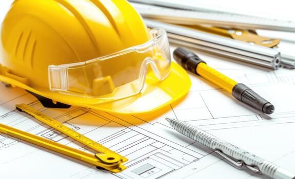 Construction workers in safety gear coordinating on active building site with steel framework and scaffolding during daylight Construction workers in safety gear coordinating on active building site with steel framework and scaffolding during daylight