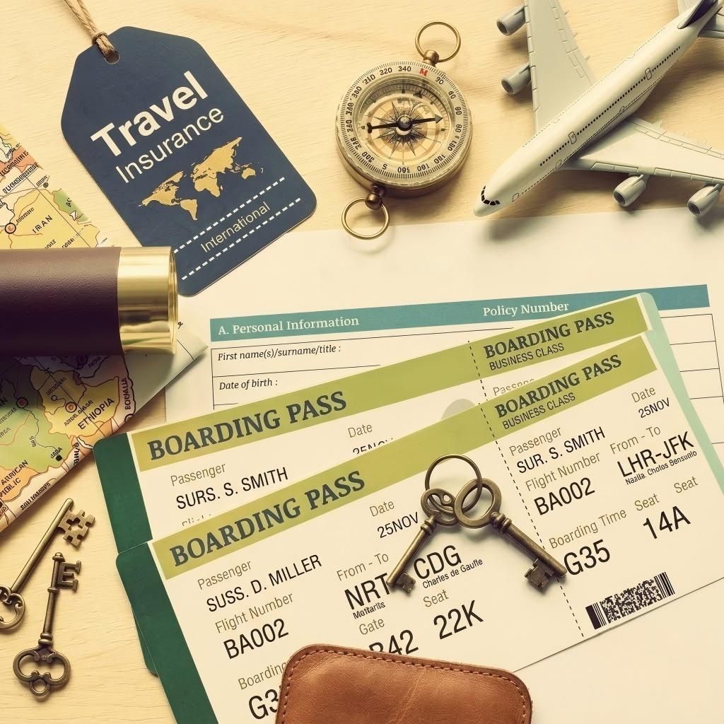 Travel insurance and travel security service concept : Top view of travel insurance application form, business class boarding passes, map, monocular, tag, compass, white model air plane on wood floor. Travel insurance and travel security service concept : Top view of travel insurance application form, business class boarding passes, map, monocular, tag, compass, white model air plane on wood floor.