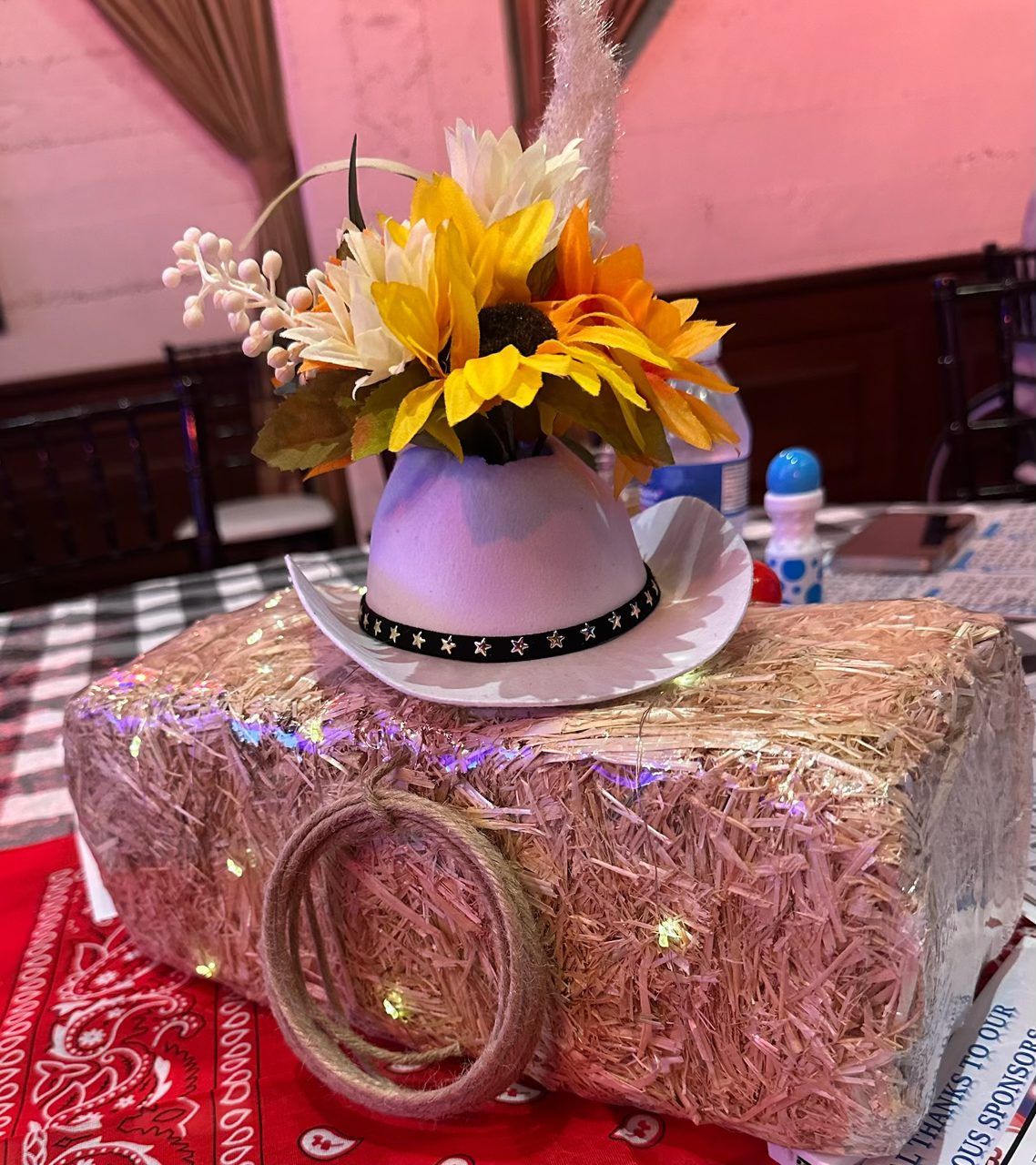 Cowboy hat and sunflower centerpiece on a hay bale at Rodeo Bingo Cowboy hat and sunflower centerpiece on a hay bale at Rodeo Bingo