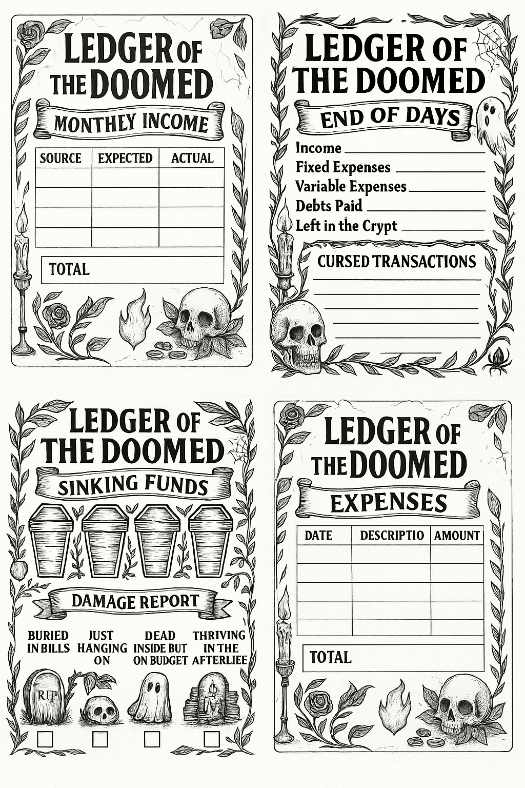A collection of four black and white printable gothic budget planner pages titled 