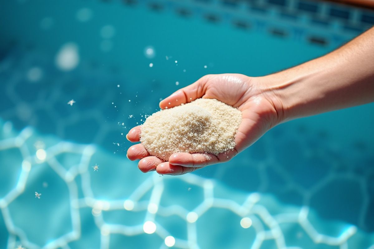 Une personne tient dans sa main une poignée de verre pour filtre piscine, devant une piscine, avec l'eau bleue en arrière-plan. Une personne tient dans sa main une poignée de verre pour filtre piscine, devant une piscine, avec l'eau bleue en arrière-plan.