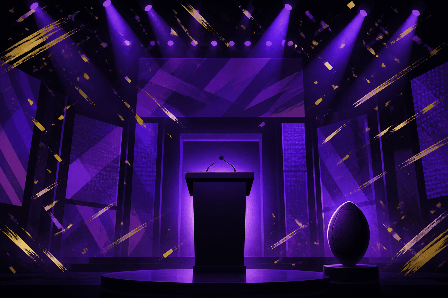 Stylized purple and gold draft stage with podium
