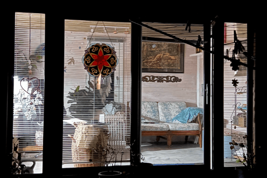 A lighted office shed