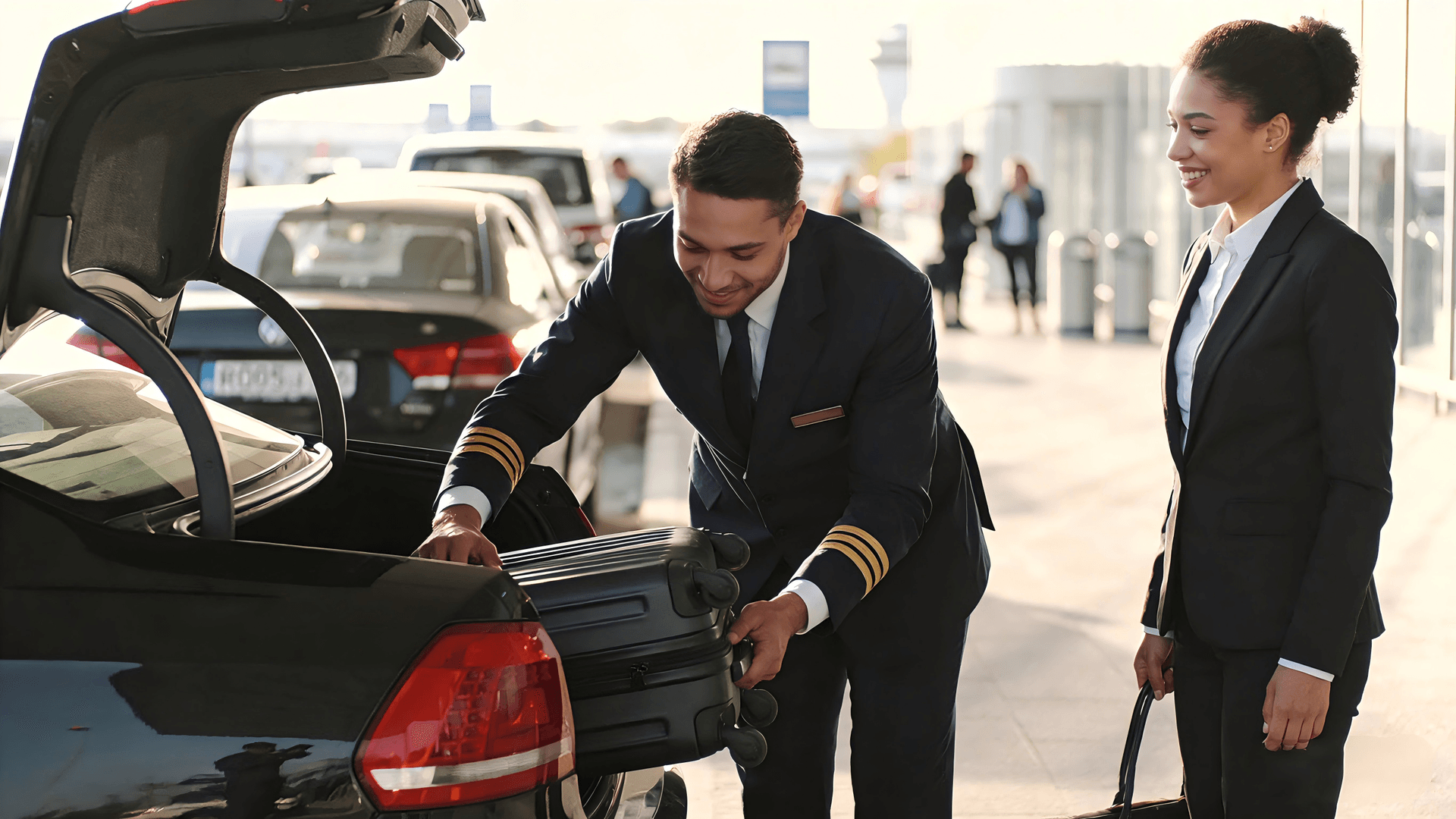 Commercial airline. Passenger plane landing approach blue SUV car at airport with blue sky and clouds at sunset. Arrival flight. Vacation time. Happy trip. Airplane flying on bright sky. Car parked.