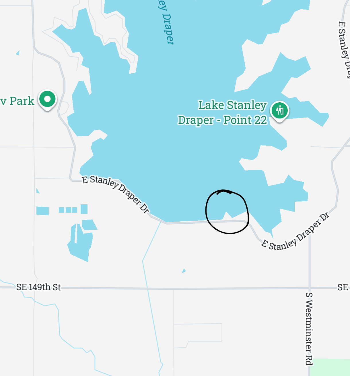 Google map with point 23 at Stanley Draper lake in Oklahoma, a circle indicates where to find Rose rocks Google map with point 23 at Stanley Draper lake in Oklahoma, a circle indicates where to find Rose rocks