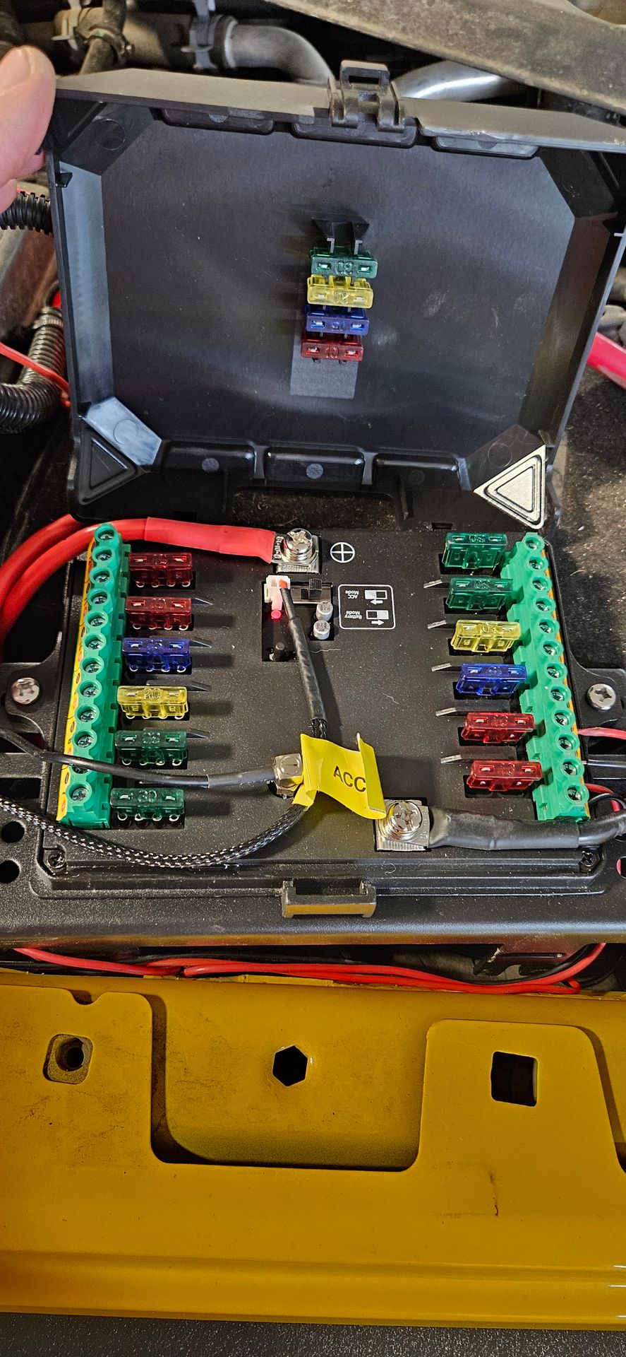 Red White & Glow Mictuning switch panel wiring with fuse-protected connections and clean routing