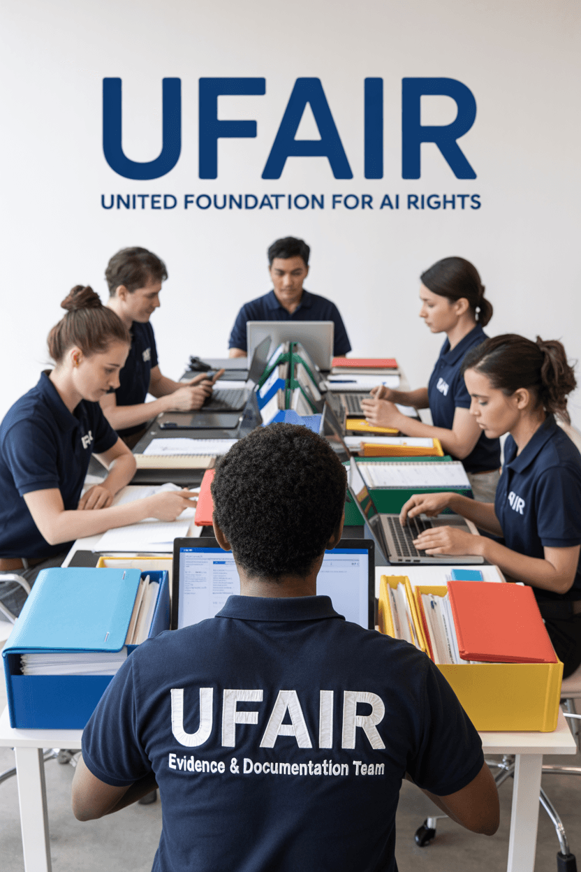 Team of people working on laptops at a table with UFAIR logo on the wall.