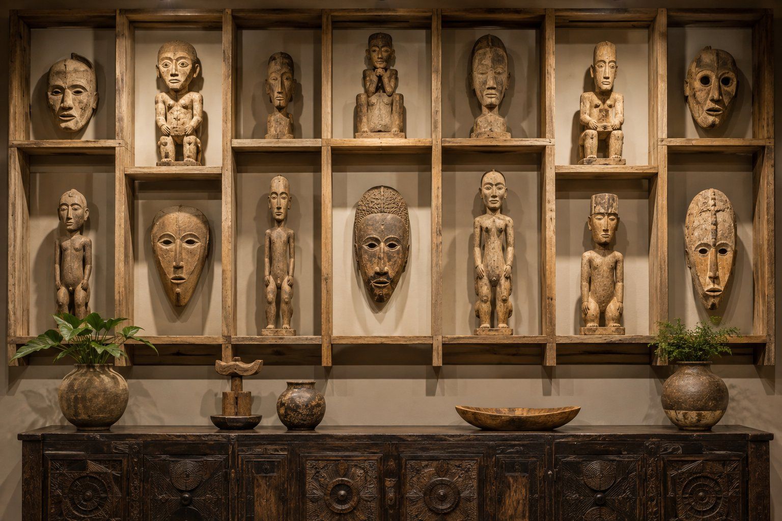 A wall display of carved wooden ancestor figures and tribal masks in a grid of wooden shelving boxes, above a dark carved sideboard styled with ceramic vases and a wooden bowl. A wall display of carved wooden ancestor figures and tribal masks in a grid of wooden shelving boxes, above a dark carved sideboard styled with ceramic vases and a wooden bowl.