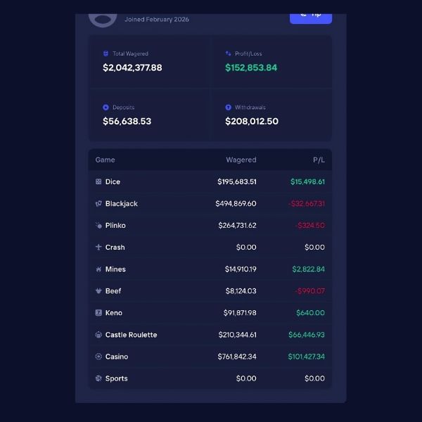 High roller crypto gambler profit statistics on Duel.com crypto casino platform