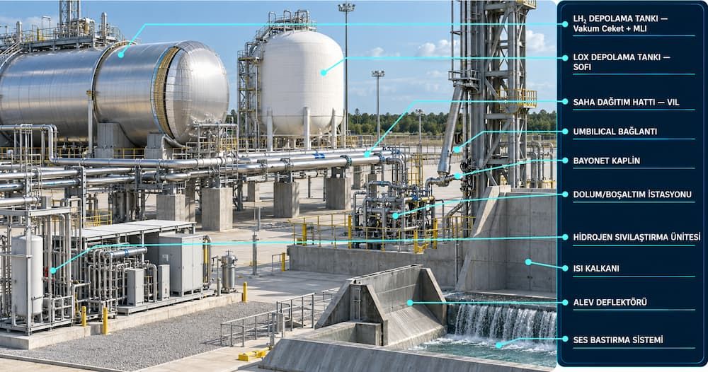 Fırlatma sahası infografiği: LH₂ depolama tankı vakum ceket ve MLI, LOX tankı SOFI, VIL dağıtım hattı, umbilical, bayonet, dolum istasyonu, hidrojen sıvılaştırma ünitesi, ısı kalkanı, alev deflektörü ve ses bastırma