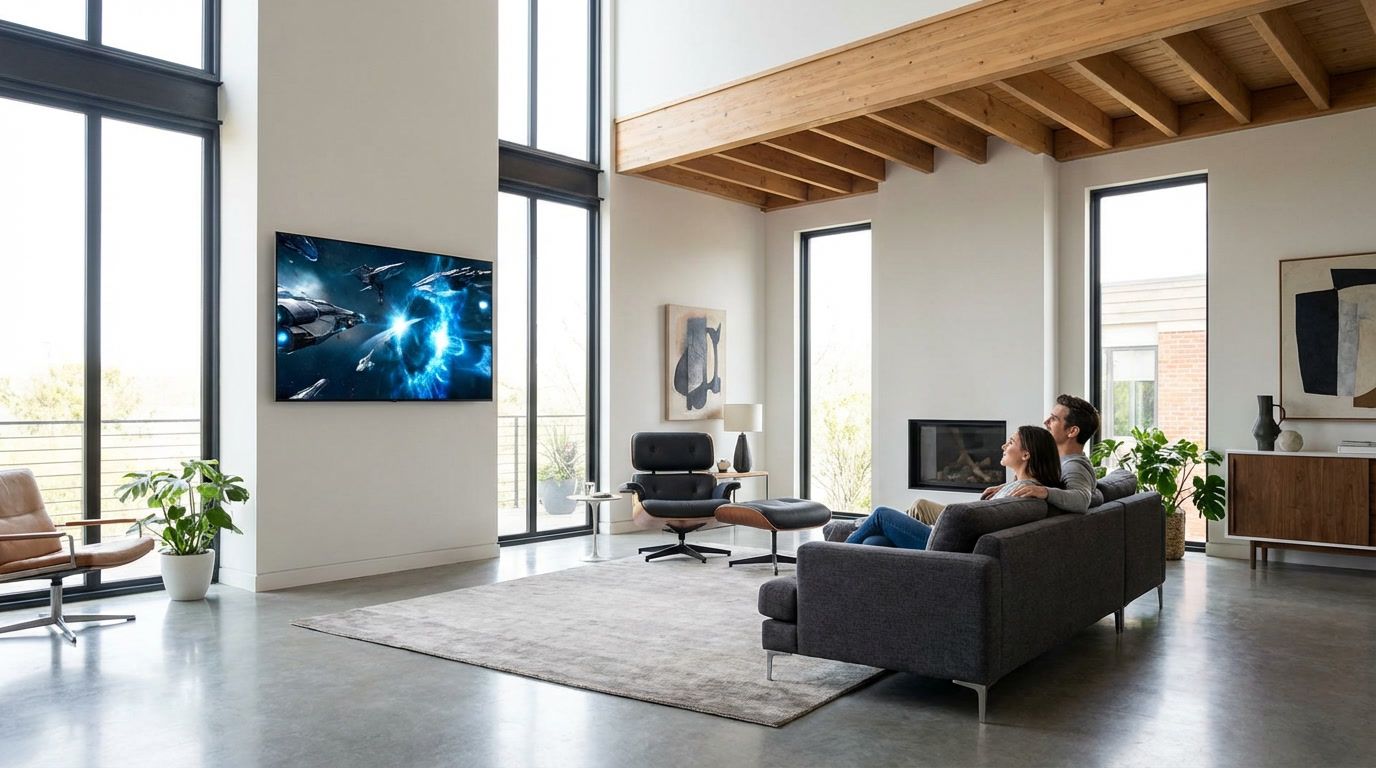 Un couple regarde la TV sur un écran plat dans un salon moderne.