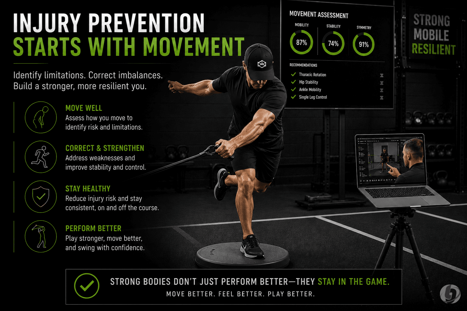 Golf movement assessment analyzing mobility, stability, and injury risk to improve golf swing performance and durability