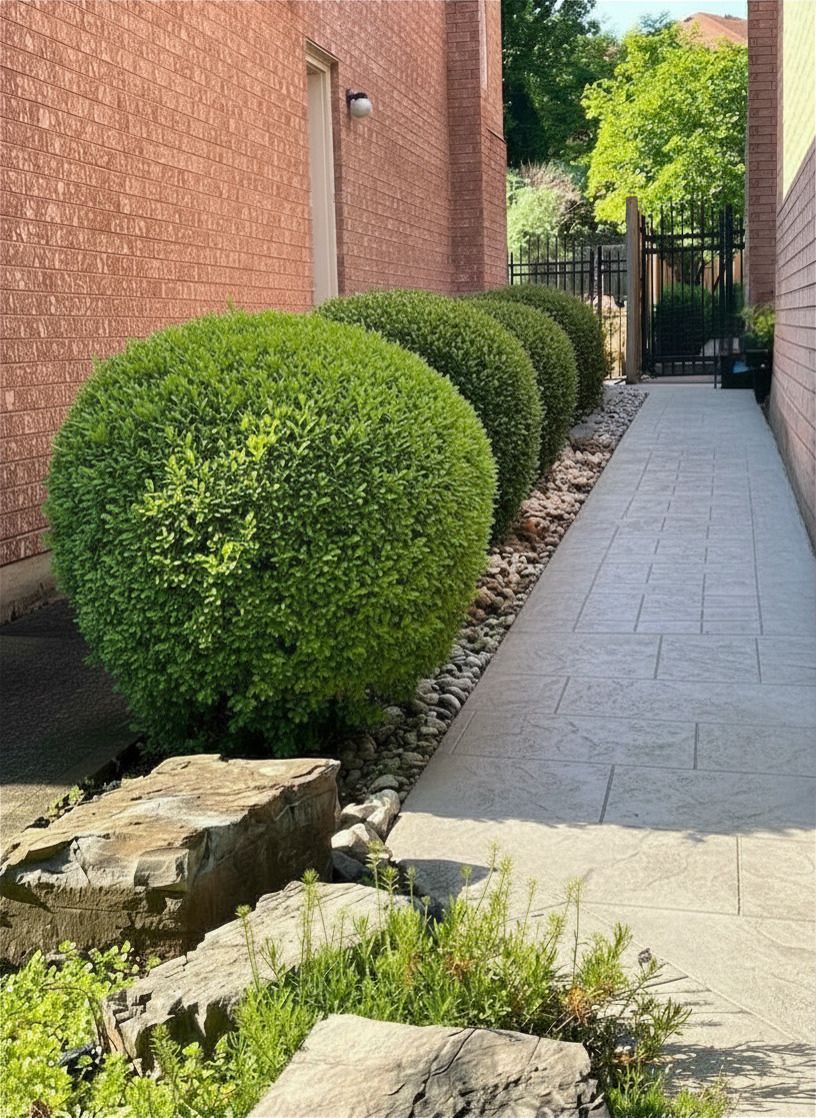 Side yard garden and walkway with boxwoods and river rock Side yard garden and walkway with boxwoods and river rock