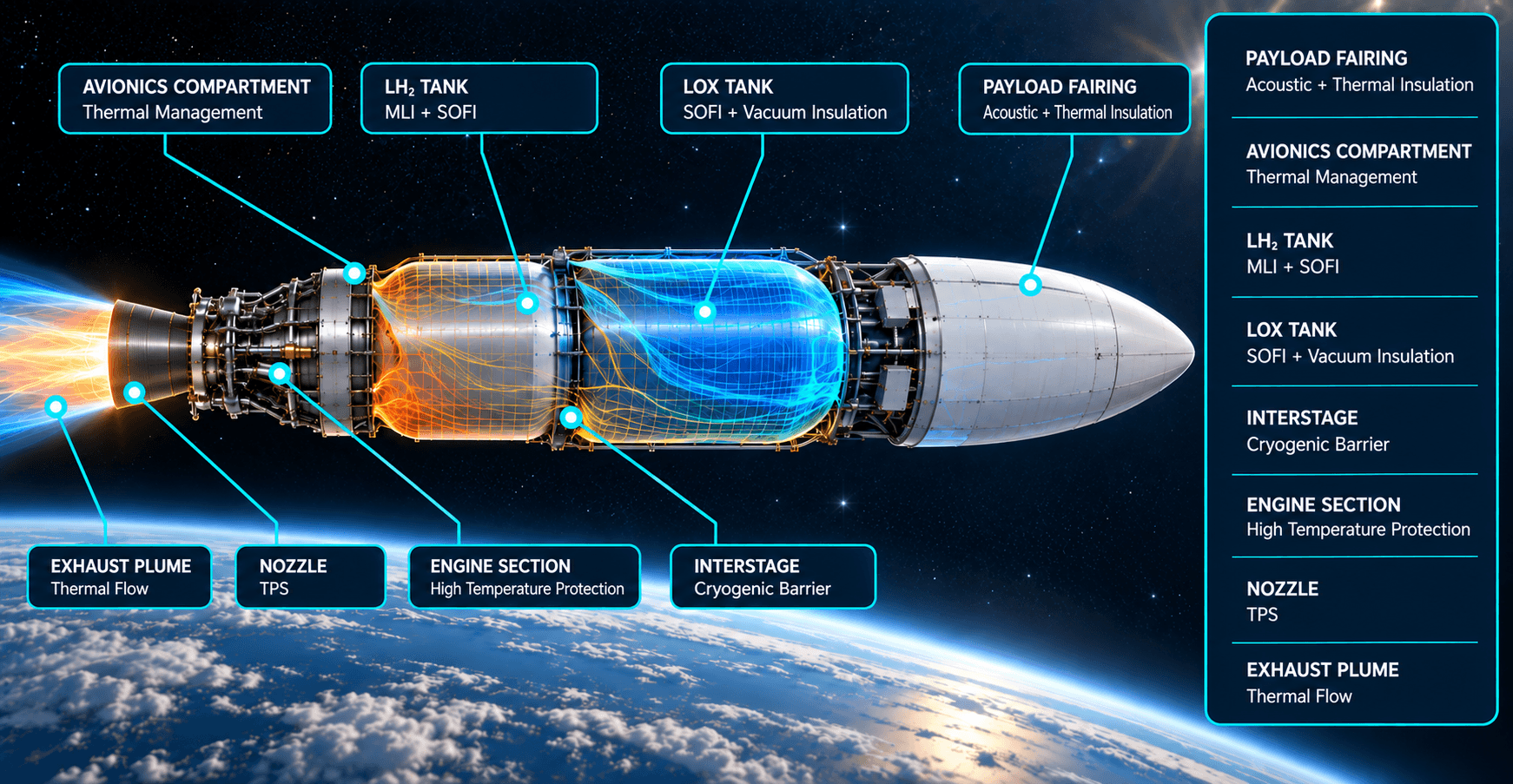 Launch vehicle thermal architecture showing LH₂ and LOX tanks, lines and interfaces