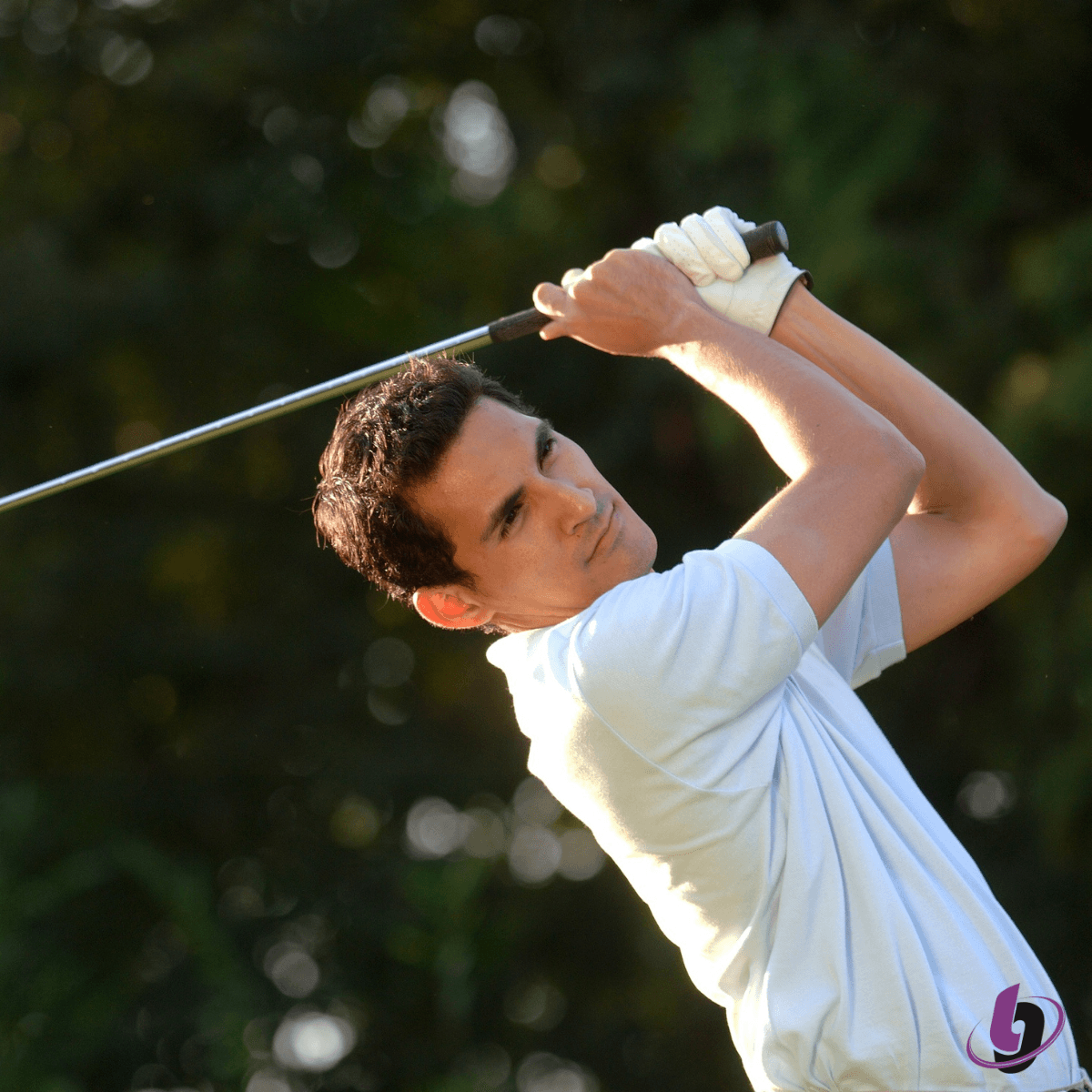 Golfer at top of backswing demonstrating shoulder and hip rotation in golf swing mechanics Golfer at top of backswing demonstrating shoulder and hip rotation in golf swing mechanics