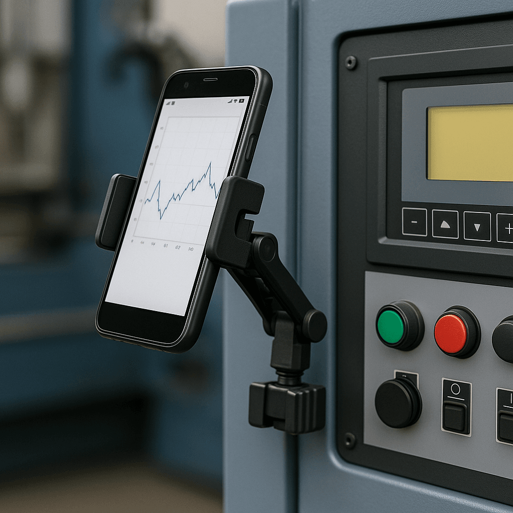 Industrial-grade phone mount attached to equipment housing, designed for field engineers and operators in smart factory environments.