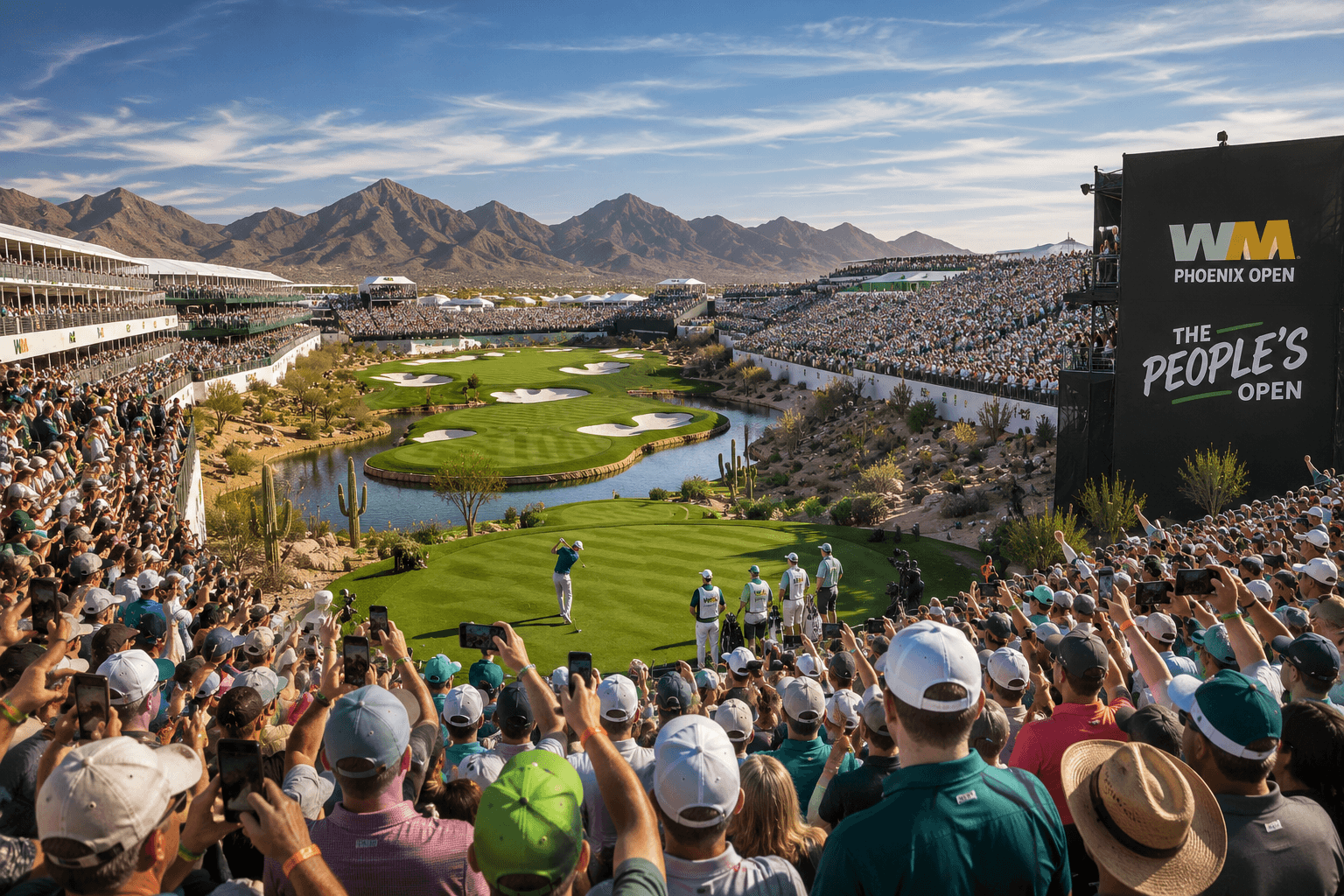 Massive crowd surrounding a desert golf course at the Phoenix Open, capturing the energy and scale of “The People’s Open” in North Scottsdale, Arizona. Massive crowd surrounding a desert golf course at the Phoenix Open, capturing the energy and scale of “The People’s Open” in North Scottsdale, Arizona.