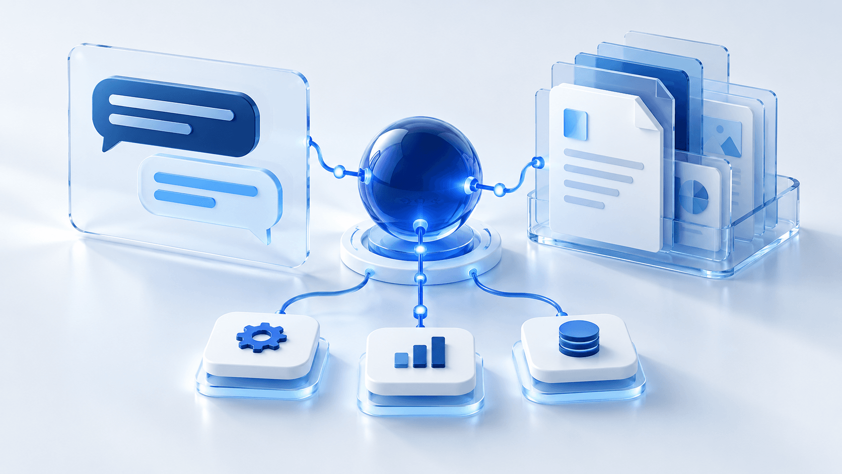 Conceptual AI agent connecting a conversation, business documents and automated actions.