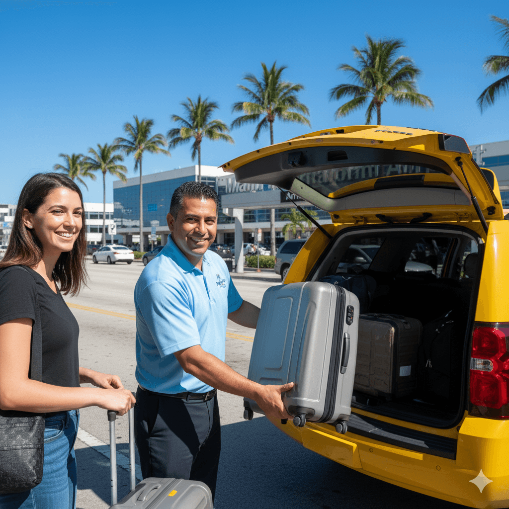 Friendly Tropical Taxi driver helping a passenger with luggage at MIA.