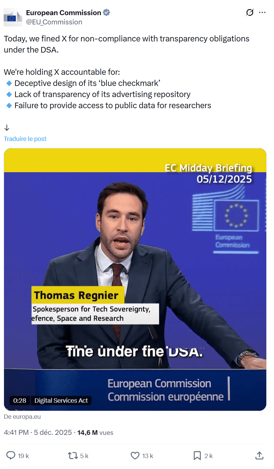 Tweet de l'Union Européenne contre X pour les DSA
