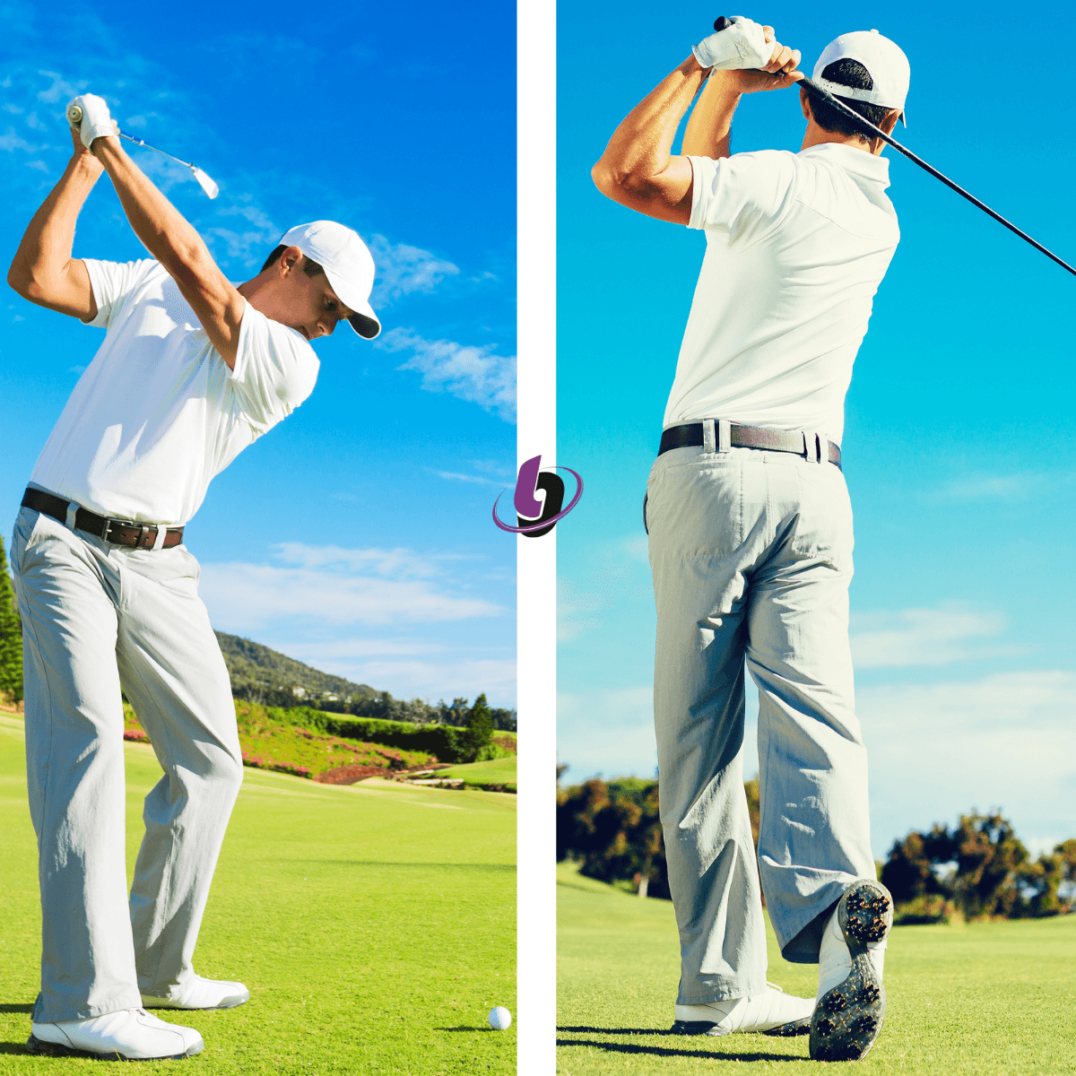 Comparison of trail and lead shoulder function during the golf swing, illustrating how each shoulder contributes differently to rotation, swing radius, and control under speed. Comparison of trail and lead shoulder function during the golf swing, illustrating how each shoulder contributes differently to rotation, swing radius, and control under speed.