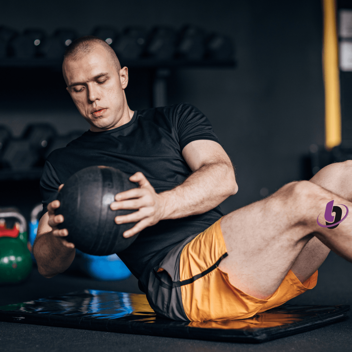 Athlete performing rotational medicine ball exercise to build core strength for golf swing power Athlete performing rotational medicine ball exercise to build core strength for golf swing power
