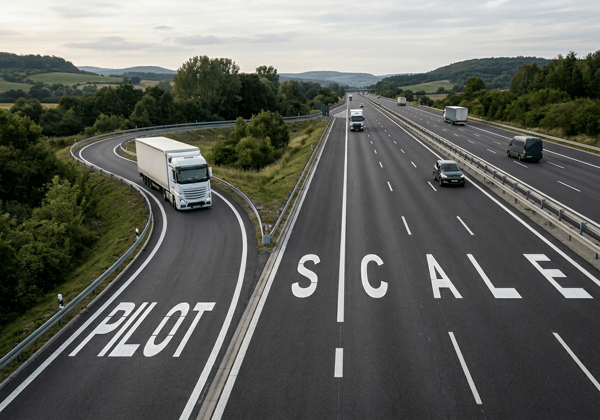 A small lane labeled “Pilot” expanding into multiple lanes labeled “Scale.” A small lane labeled “Pilot” expanding into multiple lanes labeled “Scale.”