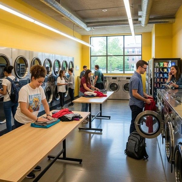 Students using high-efficiency washers in a bright laundromat, emphasizing affordable laundry solutions near UTK campus