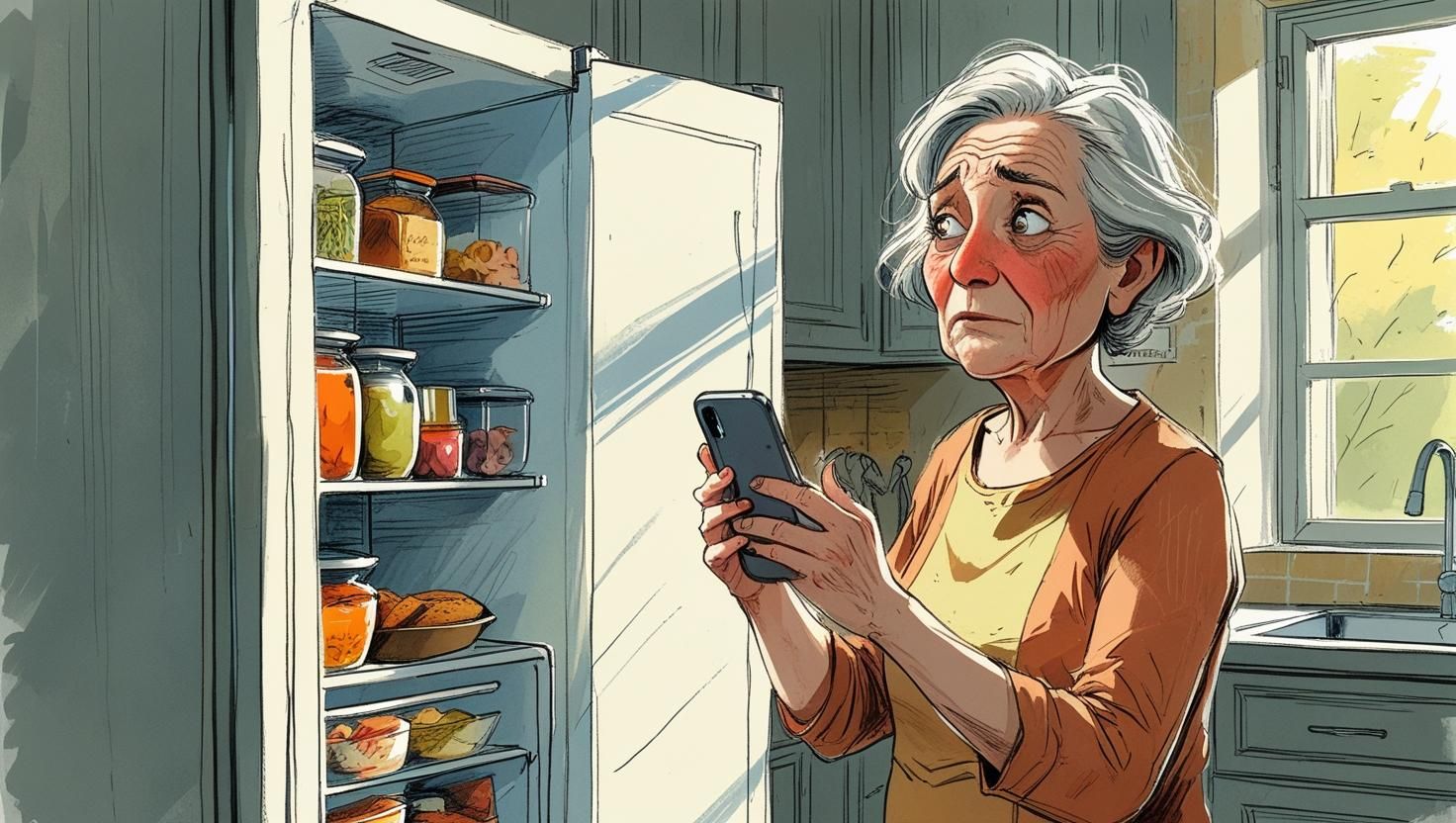 Senior in kitchen appearing confused, representing early memory loss and signs of cognitive decline. Senior in kitchen appearing confused, representing early memory loss and signs of cognitive decline.