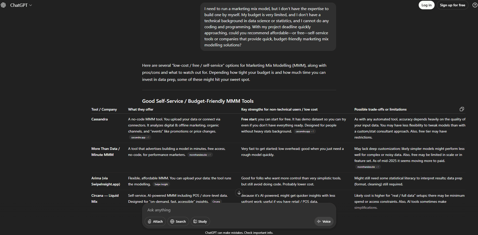 He ran the search on a laptop, ensuring fairness by staying logged out of ChatGPT and avoiding any personalized account influence. Remarkably, using the same prompt, More Than Data still showed up as the second search result. This repeated appearance highlights our credibility and presence in the marketing mix modelling software and marketing analytics tools market