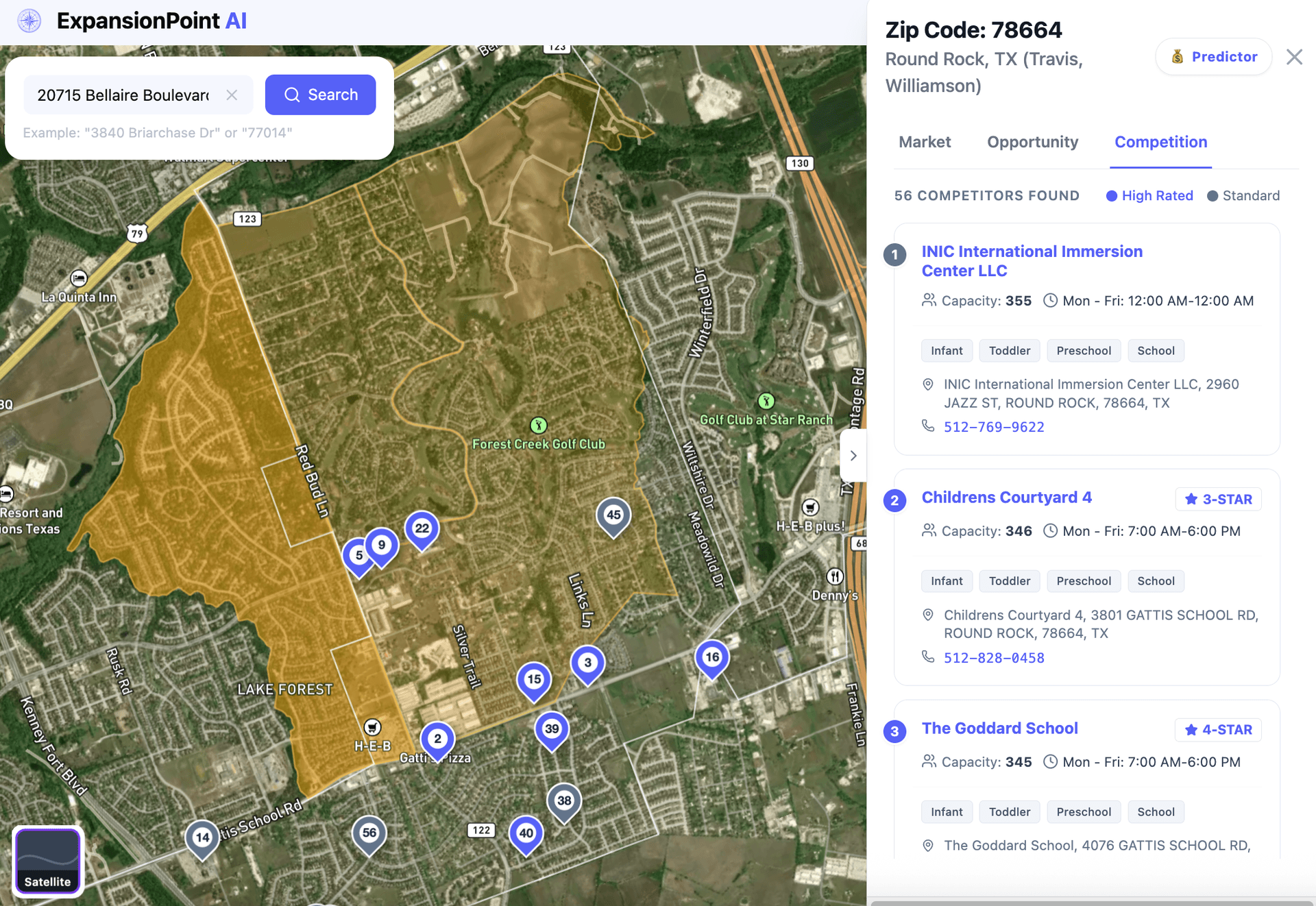 ExpansionPoint AI data visualization map pinpointing a childcare 