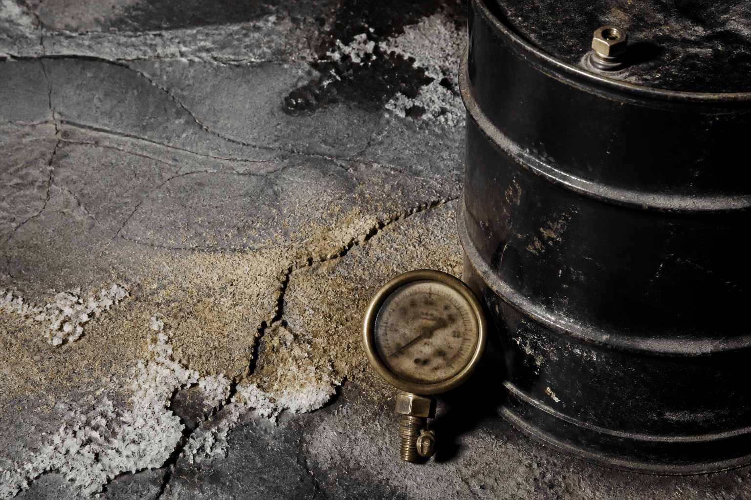 Weathered oil drum and pressure gauge on cracked ground