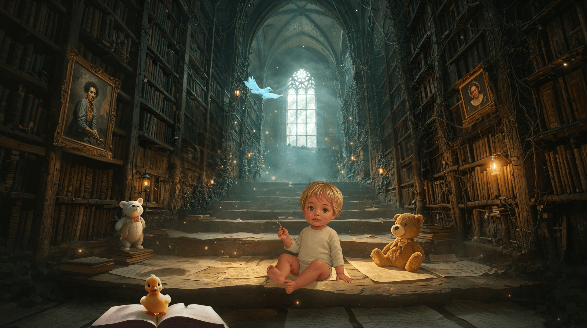 A soft, painterly image of George cuddling with Mummy under a warm light. The setting feels magical and cozy, with stars faintly glowing in the background, symbolizing innocence and love.