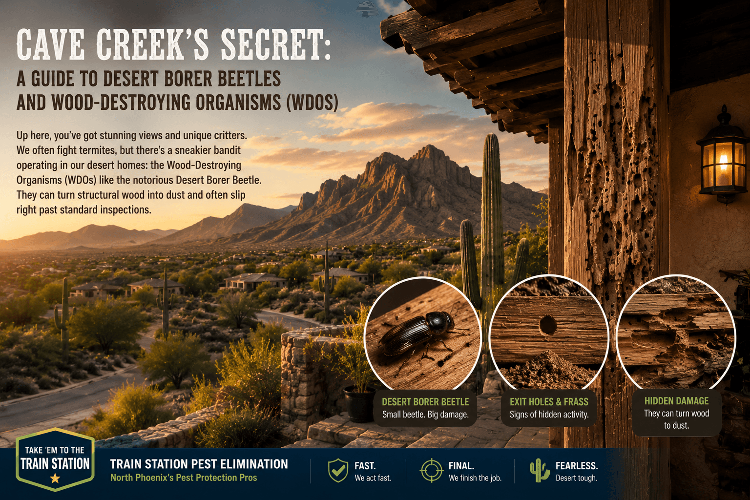 Desert borer beetle and wood damage at a Cave Creek home overlooking the Sonoran Desert, showing exit holes and hidden deterioration caused by wood-destroying organisms. Desert borer beetle and wood damage at a Cave Creek home overlooking the Sonoran Desert, showing exit holes and hidden deterioration caused by wood-destroying organisms.