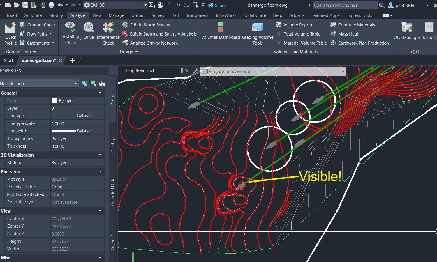 AutoCAD Civil 3D screenshot of Diagram showing visibility of greenside bunker.